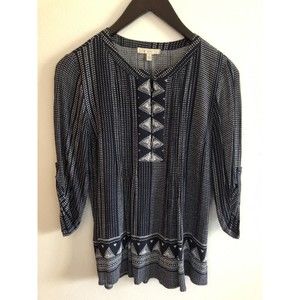 Pale Sky Women Dark Blue 3/4 Sleeve Blouse Size Small Striped Boho Aztec Button